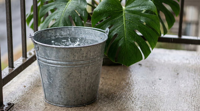 Galvanized bucket collecting rainwater beside monstera leaf on balcony
