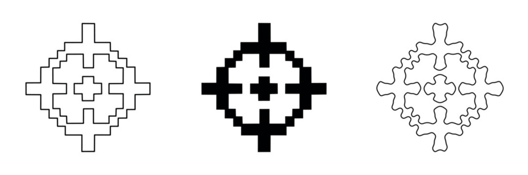 Three abstract geometric patterns showing fractal evolution and pixelation