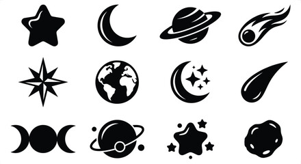 Celestial bodies and cosmic elements icons on a clean white background with simple graphic design © Graphic Seller