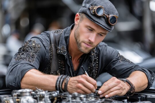 Skilled artisan working on intricate machinery in an urban workshop during daylight hours