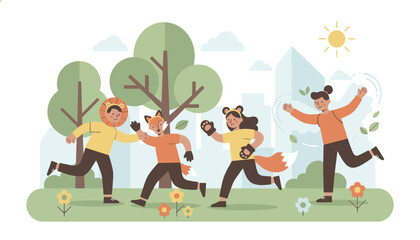 Fototapeta premium Happy children wearing animal costumes playing and running in a park