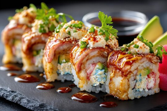 Sushi Rolls with Toppings on Dark Slate