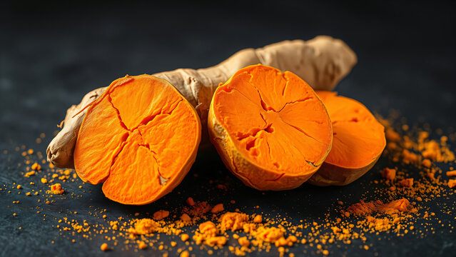 Fresh turmeric root cut open showing vibrant orange flesh with turmeric powder scattered on dark slate.