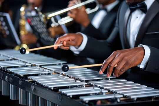 Musicians performing with a vibraphone at a jazz concert in an elegant venue