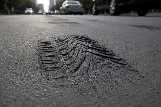 The trail of a molten car tire on hot asphalt during extreme heat. The deformed rubber has left a deep imprint on the road surface as a symbol of the heat wave and climate change.