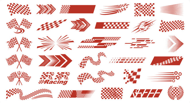 Red racing decals and checkered flags with speed lines and abstract shapes for automotive customization