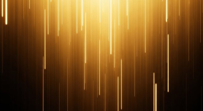 Abstract background of vertical glowing golden light streaks and amber trails falling against a dark backdrop with motion blur effect and radiant yellow illumination at the top.