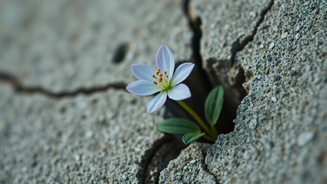 Delicate white and purple wildflower blooming through cracked pavement symbolizing resilience and hope.