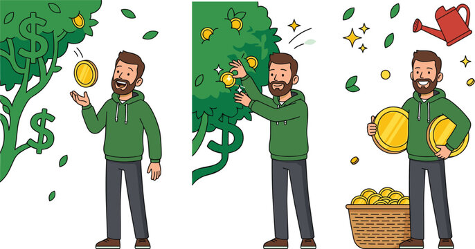 Money Growth and Investment Success Concept with Entrepreneur, Dollar Tree, Coins and Financial Growth Illustration