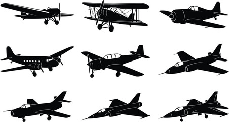 Vintage and Modern Military Aircraft Silhouette Collection with Fighter Planes Vector Set © Liton