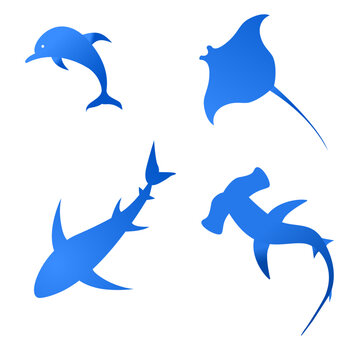 Icon vector marine animal, shark, dolphin, stingray