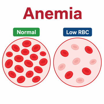 Anemia concept comparing normal blood cell count with low rbc