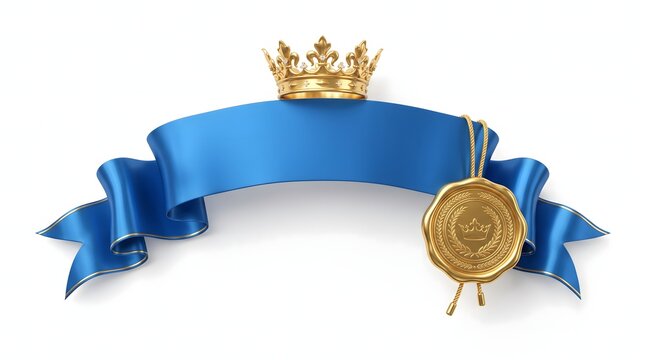 Golden crown on blue silk banner scroll with wax seal isolated on white background heraldry insignia celebration certificate document achievement