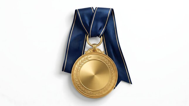 Gold medal with blank circular center and textured dark blue ribbon achievement competition champion ceremony circular template recognition