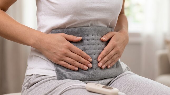 Person pressing a grey electric heating pad against abdomen for comfort in a bright home setting