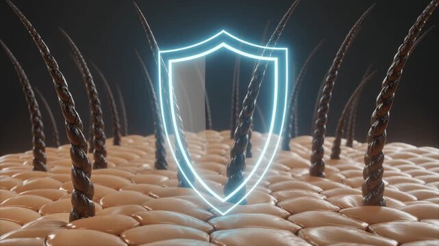 Microscopic hair follicle protection with glowing shield icon.