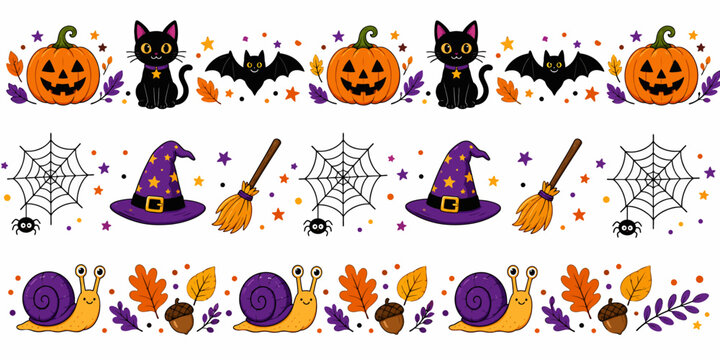 Seamless Halloween border patterns with cute pumpkins black cats bats witch hats and autumn leaves.