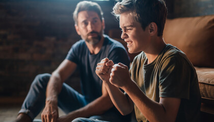 Obraz premium A young boy and an older man sharing a joyful moment indoors.