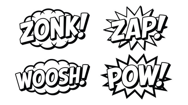 Four dynamic black and white comic book style sound effect speech bubbles showcasing action expressions