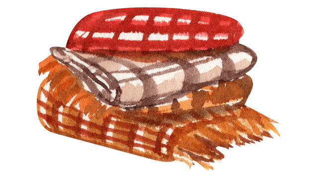 Watercolor painting of a cozy stack of folded autumn plaid blankets isolated on a black background