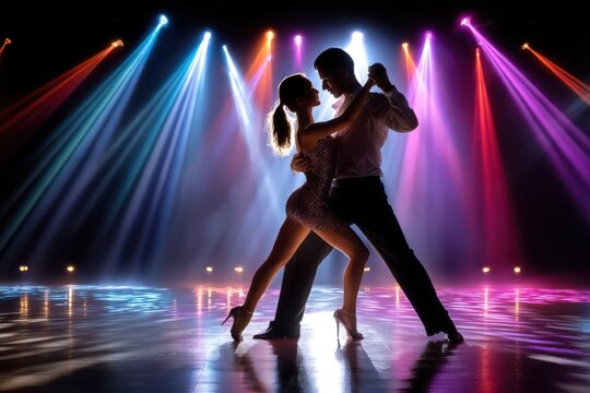Couple Dancing Tango on Stage with Colorful Lights