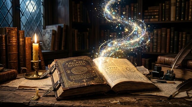 Ancient magic book glowing with bright sparkles in dark library
