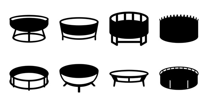 Flat design grill and barbecue set illustration - Minimalist vector icons of various grill and barbecue styles in black and white, perfect for food or outdoor design projects.