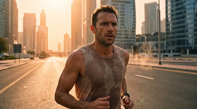A runner during extreme heat. A man runs along a city street in extreme heat conditions. dehydration, and the need for safety measures during physical exertion.