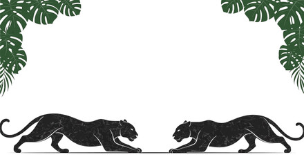 Two Black Panthers Stalking with Tropical Leaves Vector Background © NafiCraft