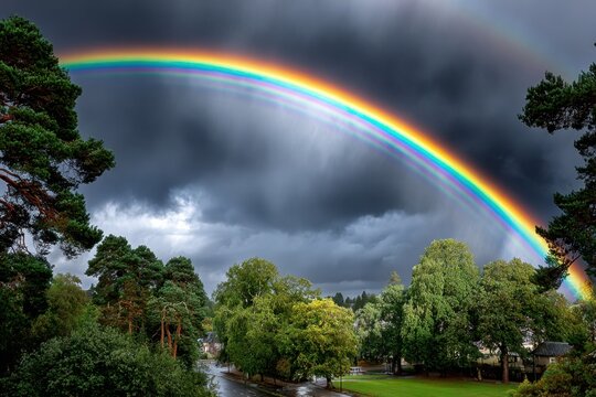 Double rainbow over a quiet park after the rain