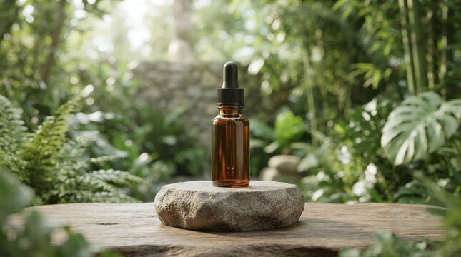 Blank amber glass essential oil bottle mockup on stone pedestal for spa branding