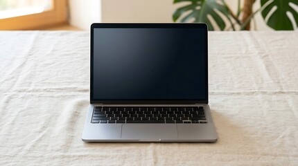 Fototapeta premium Open laptop with a blank screen on a textured table in a bright room