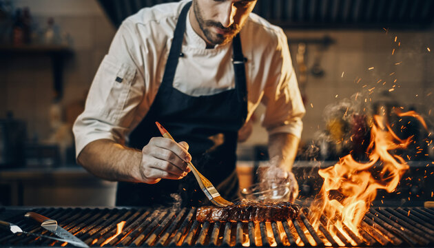 Chef grilling a steak with flames on a commercial grill.