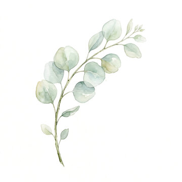 A delicate watercolor illustration of a eucalyptus branch with soft green leaves on a white background, perfect for botanical art and natural decor