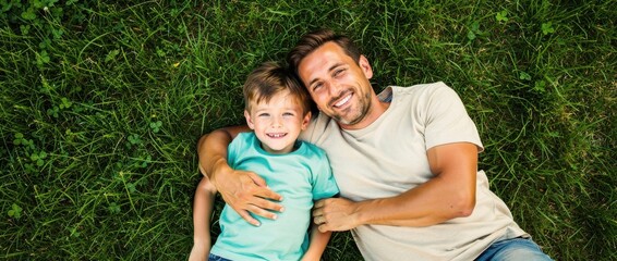 Fototapeta premium Joyful father and son lying on green grass together, smiling at camera, enjoying precious moments of bonding, happiness, love, and connection in nature
