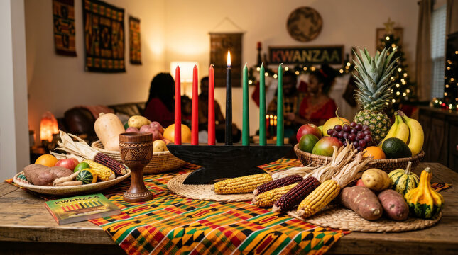 Kwanzaa celebration with Kinara and abundant harvest on a table