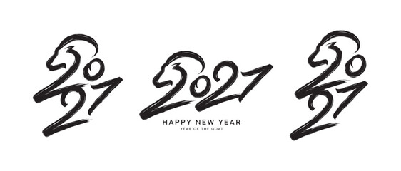 Fototapeta premium Calligraphy symbols of Chinese New Year 2027. Silhouette of goat head combining with 2027 number. Trendy ink calligraphy style labels. Vector symbols of Year of the Goat for branding, holiday, ads.