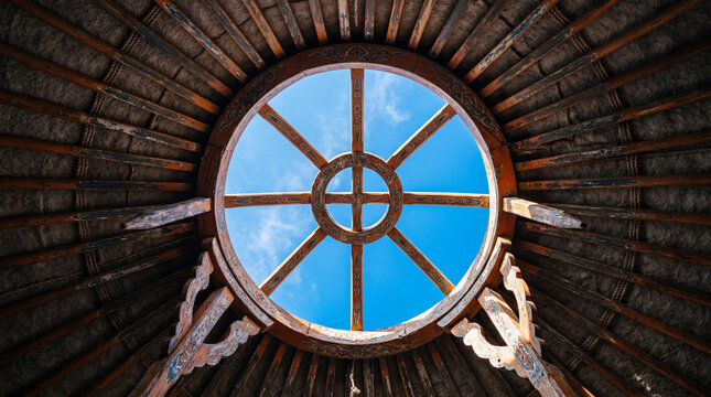 Interior View Looking Up at a Traditional Nomadic Yurt Crown Wheel Against Blue Sky