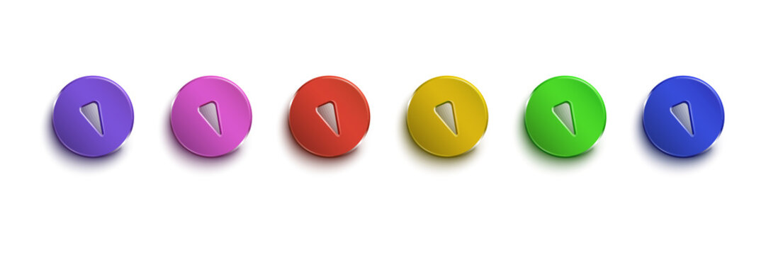 Six colorful circular buttons with triangular indents arranged in a horizontal row isolated on a transparent background