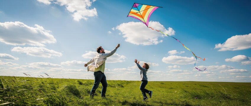Person and child flying colorful kite in vibrant blue sky during sunny day on green grass field with clouds in background, capturing joyful family moment