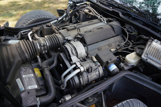 Chevrolet Corvette C4 LT1 V8 Engine - side angle close up of the alternator and accessory belt drive system under the open hood of a vintage sports car in Palic, Serbia on July 5, 2026