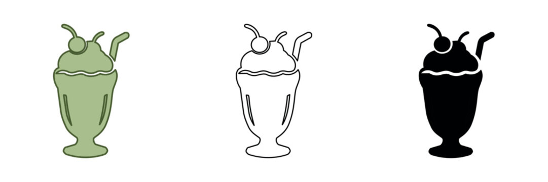 Iconic milkshake illustration in three distinct styles: color, outline, and silhouette