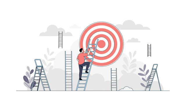 Business Goal Achievement with man climbing ladder to reach red bullseye target among multiple ladders ideal for career coaching and corporate strategy presentations.