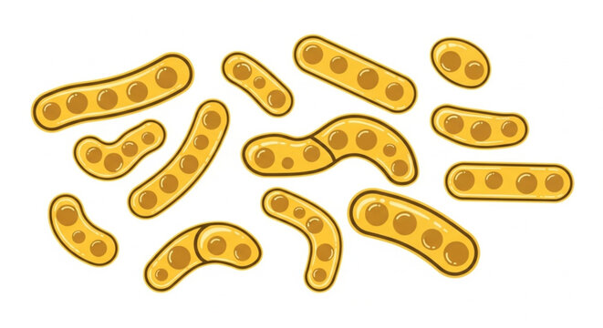 Cartoon bacteria in yellow with rod shapes and circular forms ideal for microbiology and science visualizations