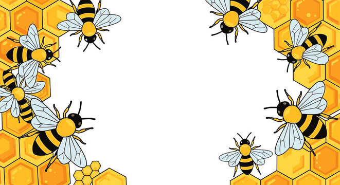Honey bees on honeycomb border vector illustration