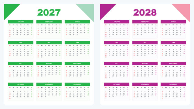 Dual year wall calendar template for 2027 and 2028 with purple accents