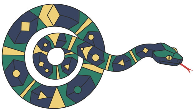 Python or snake coiled in a circle featuring colorful geometric patterns on its skin over a clean white background.