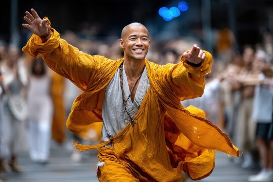 Joyful performer in vibrant orange robe engages with the audience in a lively celebration