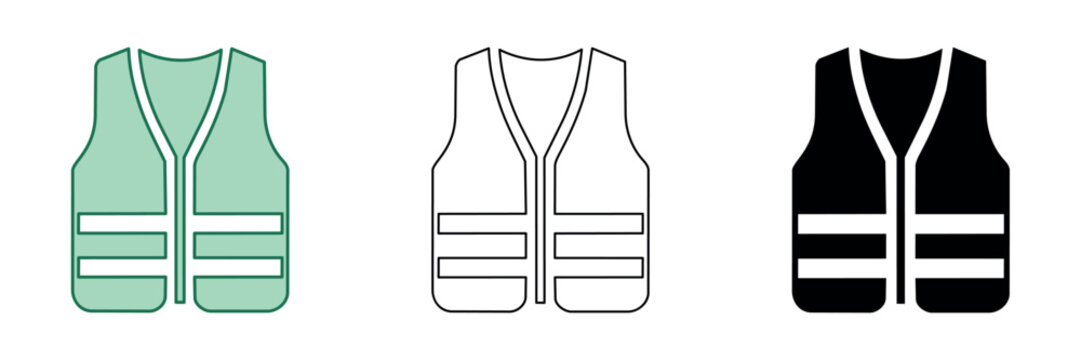 Safety vest icons in green, outline, and black styles for visibility and protection