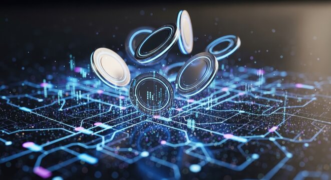 Digital coins float above a complex network of glowing blue lines and data streams. The coins have a metallic sheen and a futuristic design.